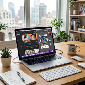 Ukázka tvorby profesionální úvodní fotky na Facebook na moderním notebooku