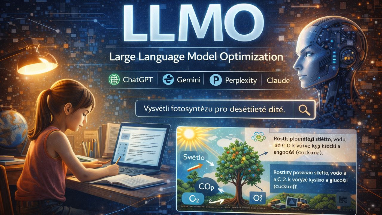 Digitální ilustrace zdůrazňující Large Language Model Optimization (LLMO) s mladou dívkou, která se soustředí na studium. Na stole má otevřený učebnici a notebook, vedle ní se nachází zářící loga AI platforem jako ChatGPT, Gemini, Perplexity a Claude. Na pravé straně je diagram fotosyntézy pro děti, doplněný futuristickým designem a modře osvětlenou hlavou robota.