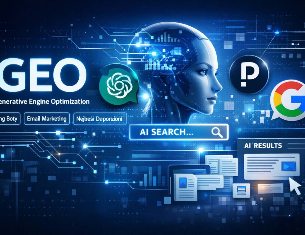 Kolekce čtyř futuristických ilustrací zobrazujících klíčové koncepty Generative Engine Optimization (GEO), včetně porovnání Google vs. AI vyhledávání, tří pilířů GEO strategie, log AI platforem spojených zářícími čarami a digitálního panelu analyzujícího GEO viditelnost.