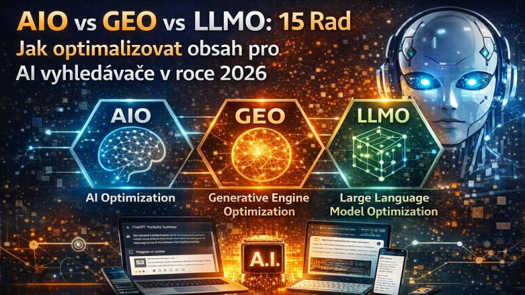 IO vs GEO vs LLMO: 15 Rad Jak optimalizovat obsah pro AI vyhledávače v roce 2026 1 Digitální ilustrace zobrazující Generative Engine Optimization (GEO) s oranžovou hexagonální značkou a zářící datovou sítí, zdůrazňující AI generované odpovědi a optimalizaci pro AI modely jako ChatGPT. Obsahuje otázku a odpověď o nejlepších turistických botách na Via Ferratu