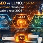 Digitální ilustrace zobrazující Generative Engine Optimization (GEO) s oranžovou hexagonální značkou a zářící datovou sítí, zdůrazňující AI generované odpovědi a optimalizaci pro AI modely jako ChatGPT. Obsahuje otázku a odpověď o nejlepších turistických botách na Via Ferratu