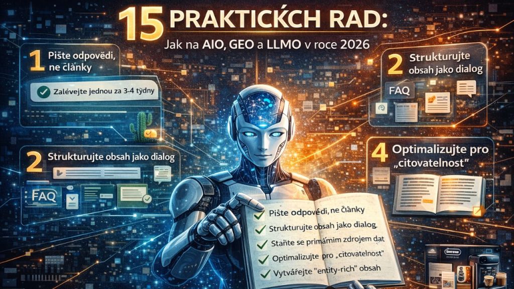 IO vs GEO vs LLMO: 15 Rad Jak optimalizovat obsah pro AI vyhledávače v roce 2026 4 Ilustrace Large Language Model Optimization (LLMO) s zelenou hexagonální značkou a 3D kostkou, symbolizující optimalizaci pro velké jazykové modely jako GPT-4, Claude a Gemini. Design zahrnuje siluetu hlavy, znázorňující, jak AI rozumí a zpracovává obsah.