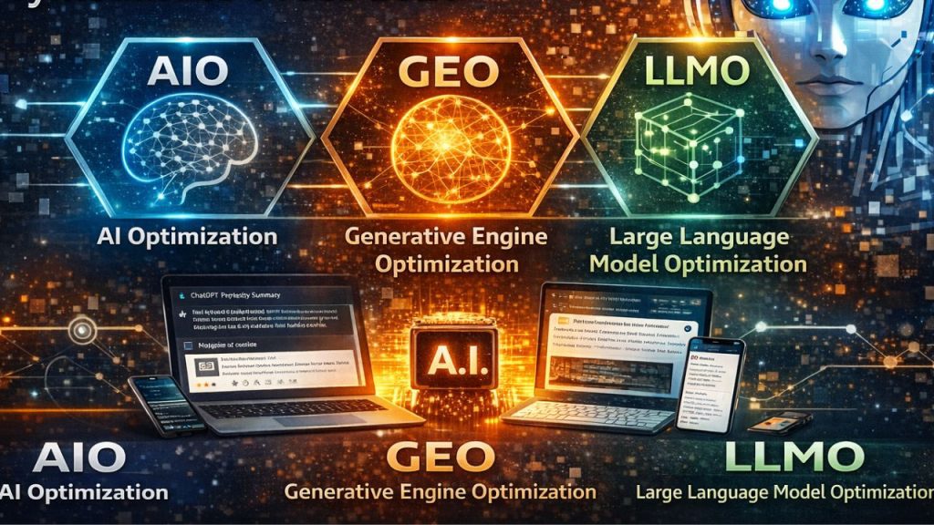 IO vs GEO vs LLMO: 15 Rad Jak optimalizovat obsah pro AI vyhledávače v roce 2026 3 Obrázek představující AI Optimization (AIO) s modrou hexagonální značkou a zářícím designem neuronové sítě, ilustrující optimalizaci pro různé AI platformy jako chatboti, hlasoví asistenti a AI vyhledávače jako Google AI. Uprostřed jsou propojené ikony, včetně chatbota a Google.