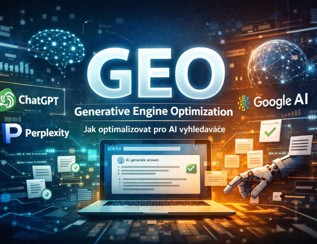 Futuristická digitální ilustrace zobrazující zkratku GEO pro Generative Engine Optimization se zářícími akcenty, logy AI platforem (ChatGPT, Perplexity, Google AI) a laptopem zobrazujícím výsledky vyhledávání AI v technickém prostředí.