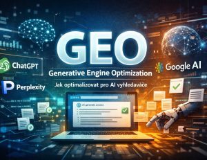 Futuristická digitální ilustrace zobrazující zkratku GEO pro Generative Engine Optimization se zářícími akcenty, logy AI platforem (ChatGPT, Perplexity, Google AI) a laptopem zobrazujícím výsledky vyhledávání AI v technickém prostředí.
