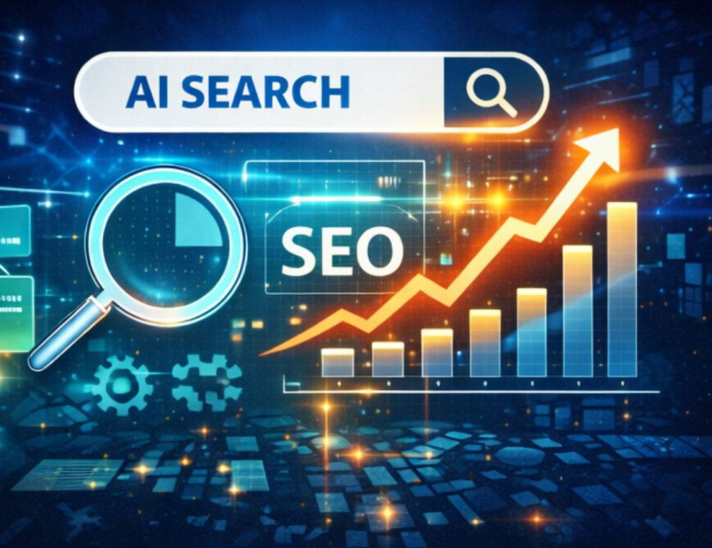 AI vyhledávací rozhraní s lupou, grafem růstu a označením SEO znázorňující nárůst výkonu webu ve vyhledávání a optimalizaci pro ChatGPT.