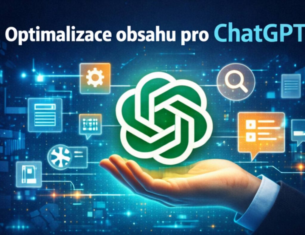 Ruka držící zářící symbol AI obklopený digitálními ikonami a českým textem o optimalizaci obsahu pro ChatGPT a AI vyhledávání.