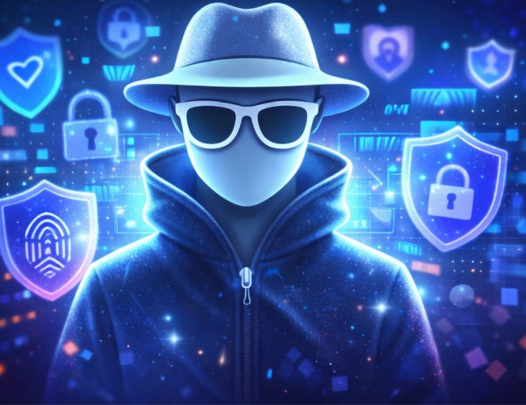 Faceless postava s kloboukem a brýlemi, obklopena ikonami ochrany soukromí a zámky, vizualizující anonymní sledování Instagram Stories a tajný trik pro bezpečné prohlížení bez účtu.