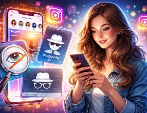 Digitální ilustrace mladé ženy sledující Instagram Stories na telefonu anonymně, obklopena ikonami soukromí a symboly anonymního prohlížení, ilustrující tajný trik pro zobrazení Instagram Stories bez účtu v roce 2026.