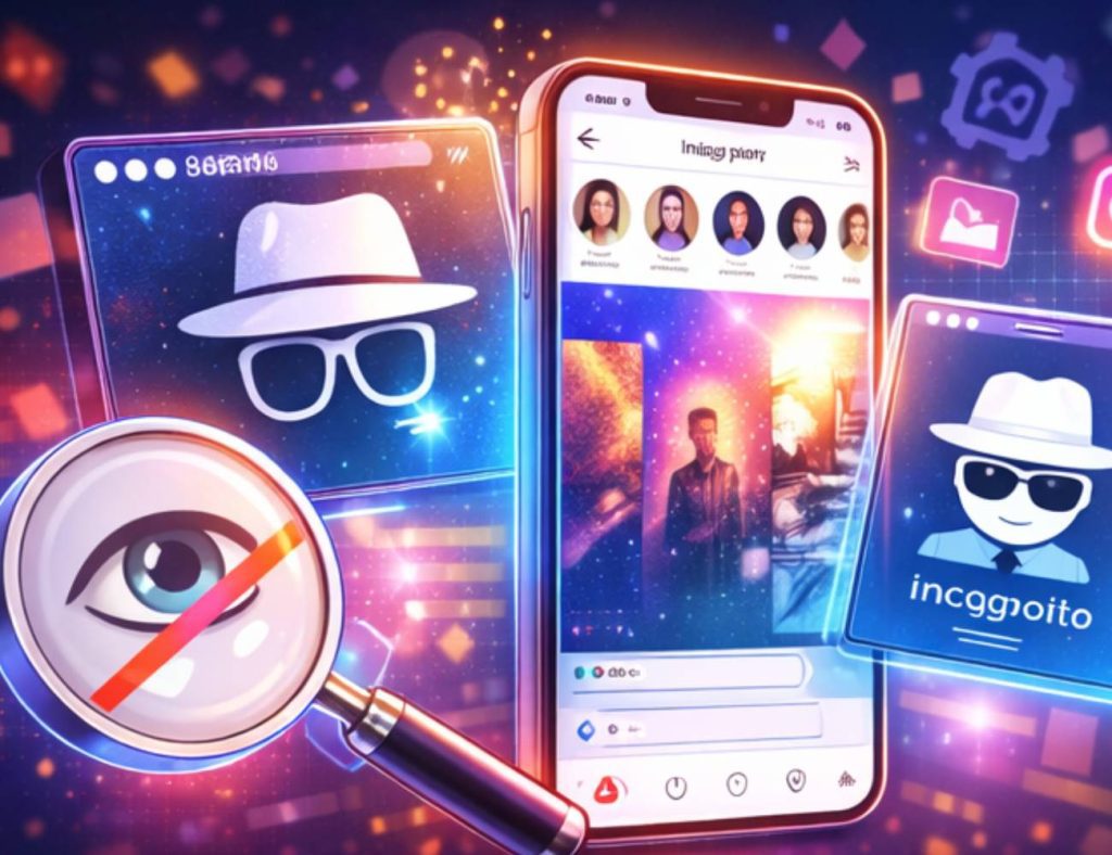 Telefon zobrazující Instagram Stories s ikonami anonymního režimu, lupa s přeškrtnutým okem a symboly incognito, znázorňující tajný trik pro sledování Instagram Stories bez účtu.