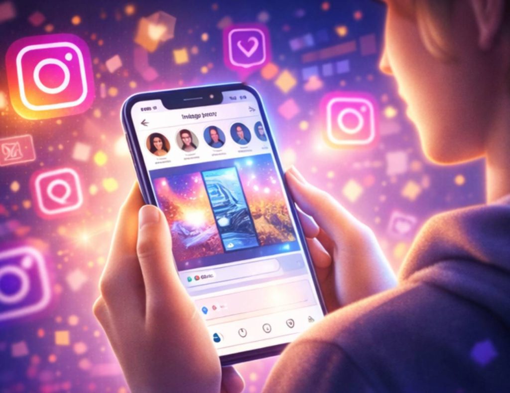 uka držící telefon se zobrazenými Instagram Stories, kolem letí ikonky Instagramu a sociálních médií, symbolizující anonymní sledování příběhů bez účtu v roce 2026.