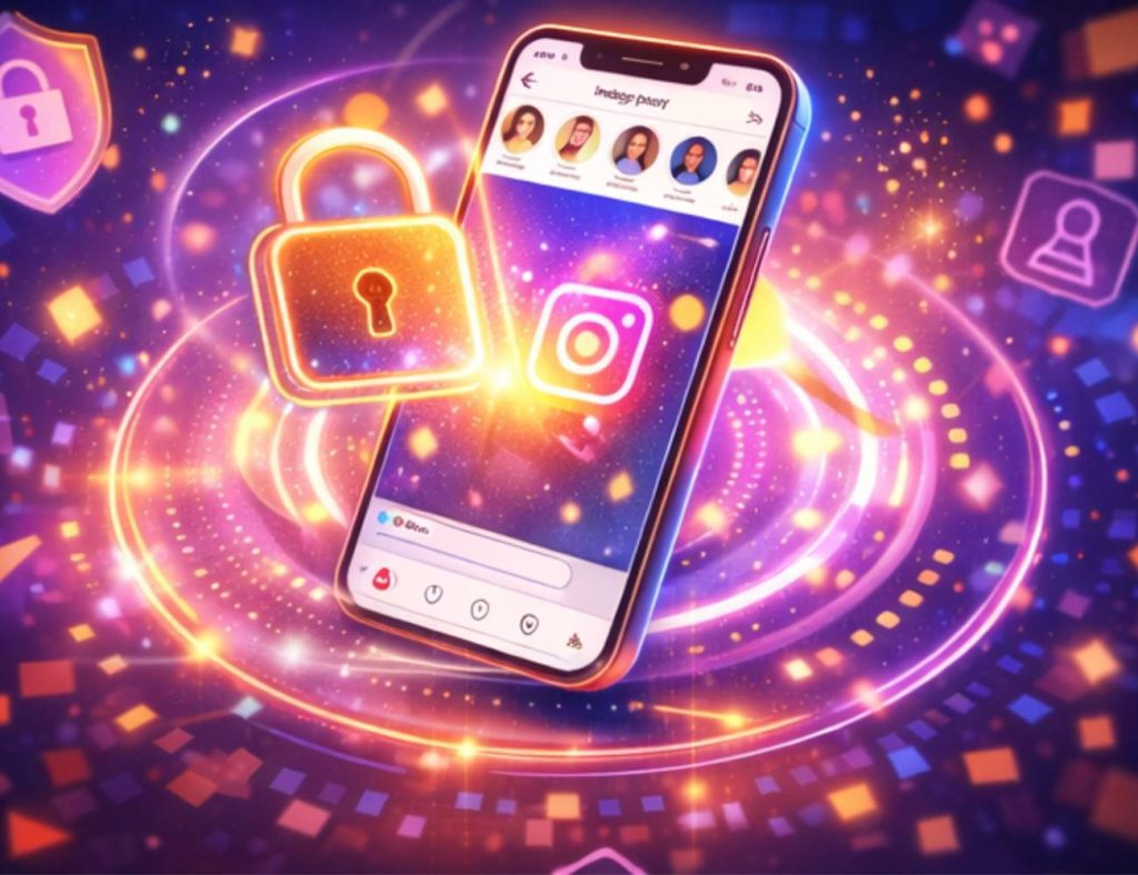 Telefon s otevřenou aplikací Instagram, obklopený magickými světelnými efekty a symboly zámků, znázorňující tajný trik pro zobrazení Instagram Stories anonymně a bez účtu v roce 2026.