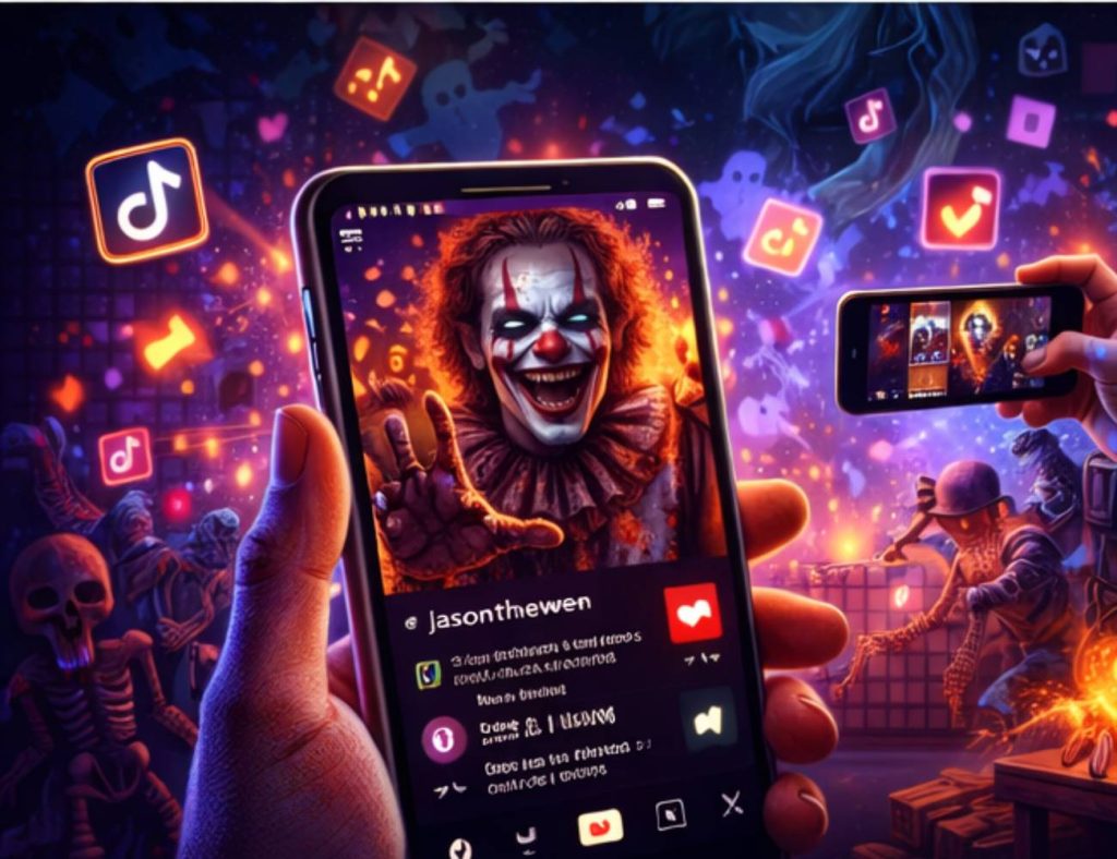 Ruka držící telefon s Jasontheween videem, kolem jsou ikonky TikToku a animované duchové, skeletony a hororové symboly, znázorňující interakci fanoušků a rostoucí počet sledujících.