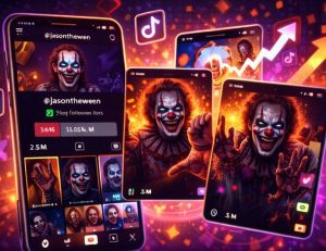 Digitální ilustrace hororového TikTok influencera Jasontheween jako strašidelného klauna, obklopeného jack-o’-lanterny, duchy a temnými vizuálními efekty, znázorňující jeho ikonický hororový obsah a rostoucí sledovanost na TikToku.