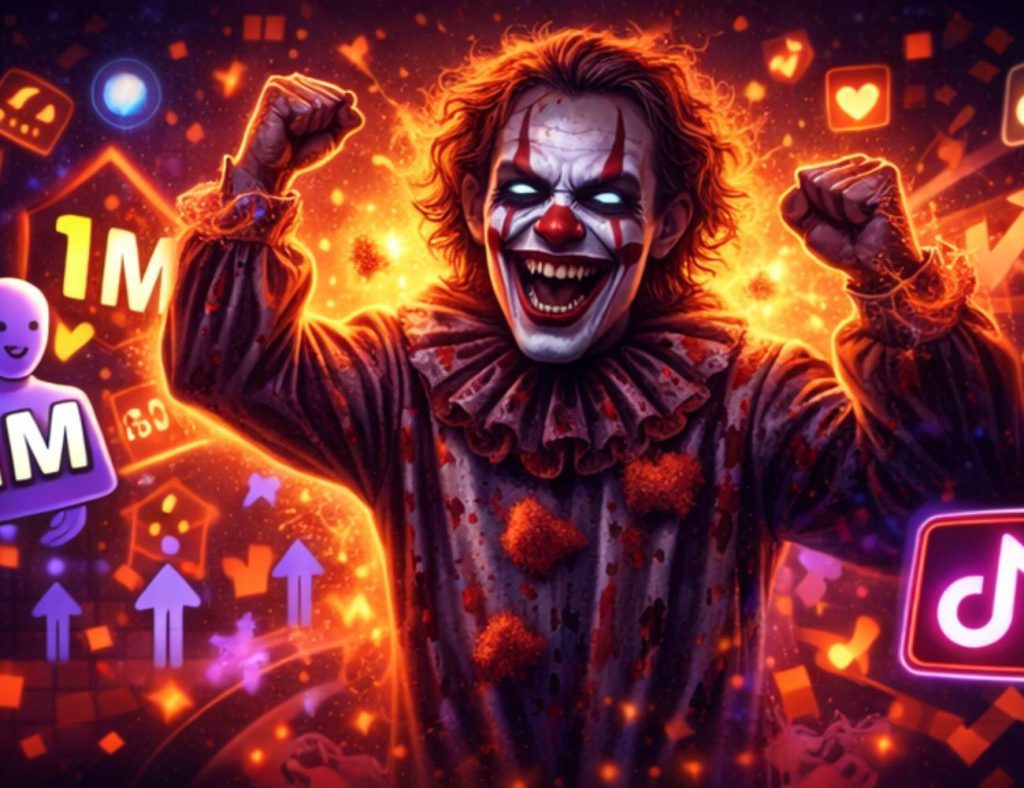 Jasontheween jako strašidelný klaun slaví překročení 1 milionu sledujících na TikToku, obklopený grafy růstu, ikonami TikToku a vizuálními efekty, ilustrující jeho úspěch a viralitu hororového obsahu.