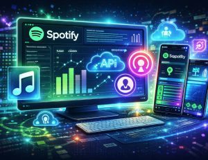 Futuristická ilustrace rozhraní Spotify Developer Dashboard s API grafikou, hudebními ikonami, grafy analytiky a mobilní aplikací, znázorňující distribuci hudby a podcastů přes cloudové technologie.