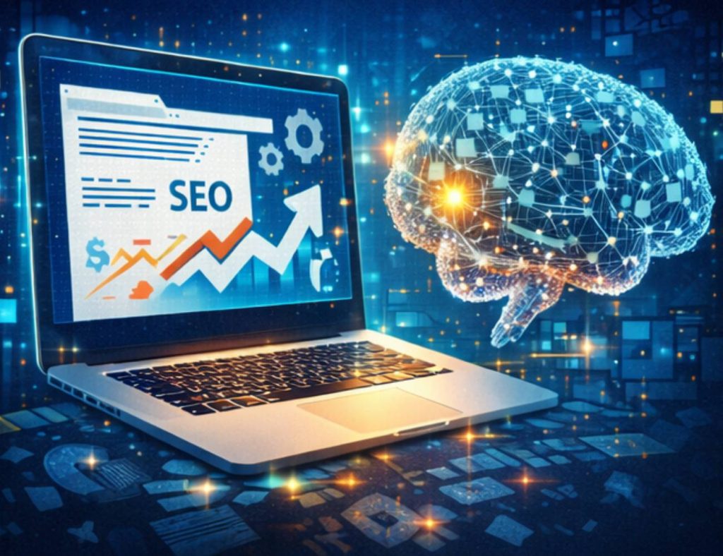 Laptop zobrazující SEO růstový graf propojený se zářícím digitálním mozkem, symbolizující umělou inteligenci, optimalizaci webu a obsah pro AI vyhledávání.