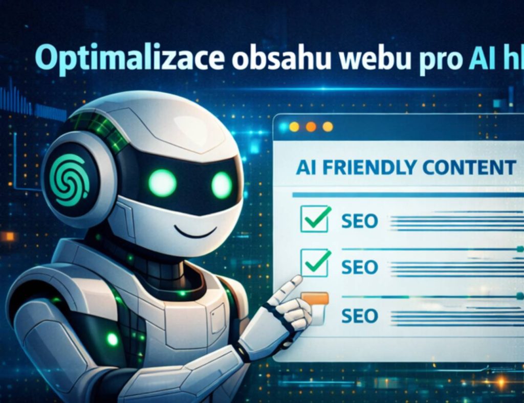 Přátelský robot kontroluje seznam AI-přátelského obsahu se SEO položkami na digitální obrazovce s českým názvem o optimalizaci webového obsahu pro AI vyhledávání.
