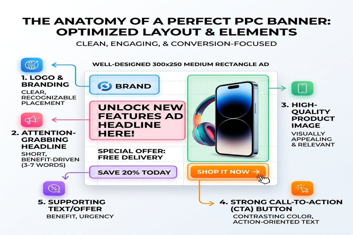 Grafické návrhy bannerů pro PPC: Kompletní průvodce a best practices 3 Infografika znázorňující správné rozložení prvků v PPC banneru