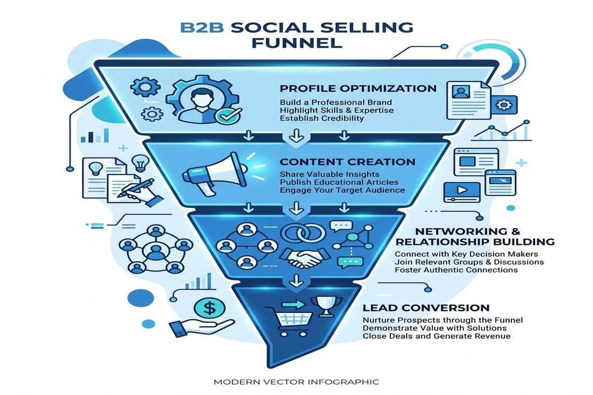 Správa LinkedIn profilu pro B2B: Jak z něj udělat stroj na leady 3 Infografika znázorňující proces social sellingu a generování leadů na LinkedIn