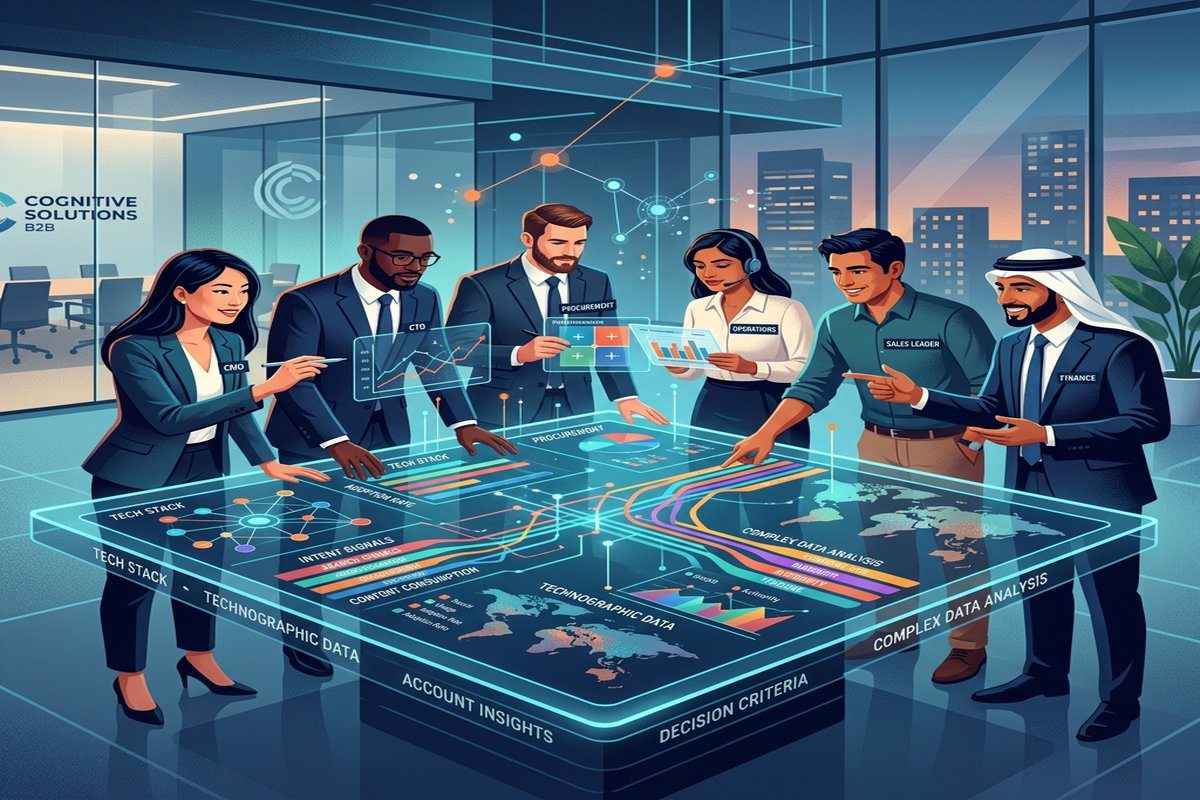 Datová analytika pro B2B: Jak přejít od dojmů k data-driven rozhodování 1 B2B nákupní komise analyzující intent a technografická data