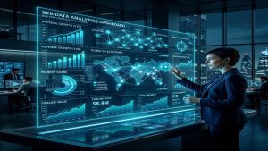 Futuristický dashboard zobrazující datovou analytiku pro B2B a růstové grafy