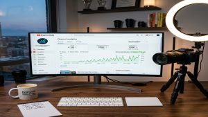 Počítač zobrazující YouTube analytiku a video techniku pro firemní videa