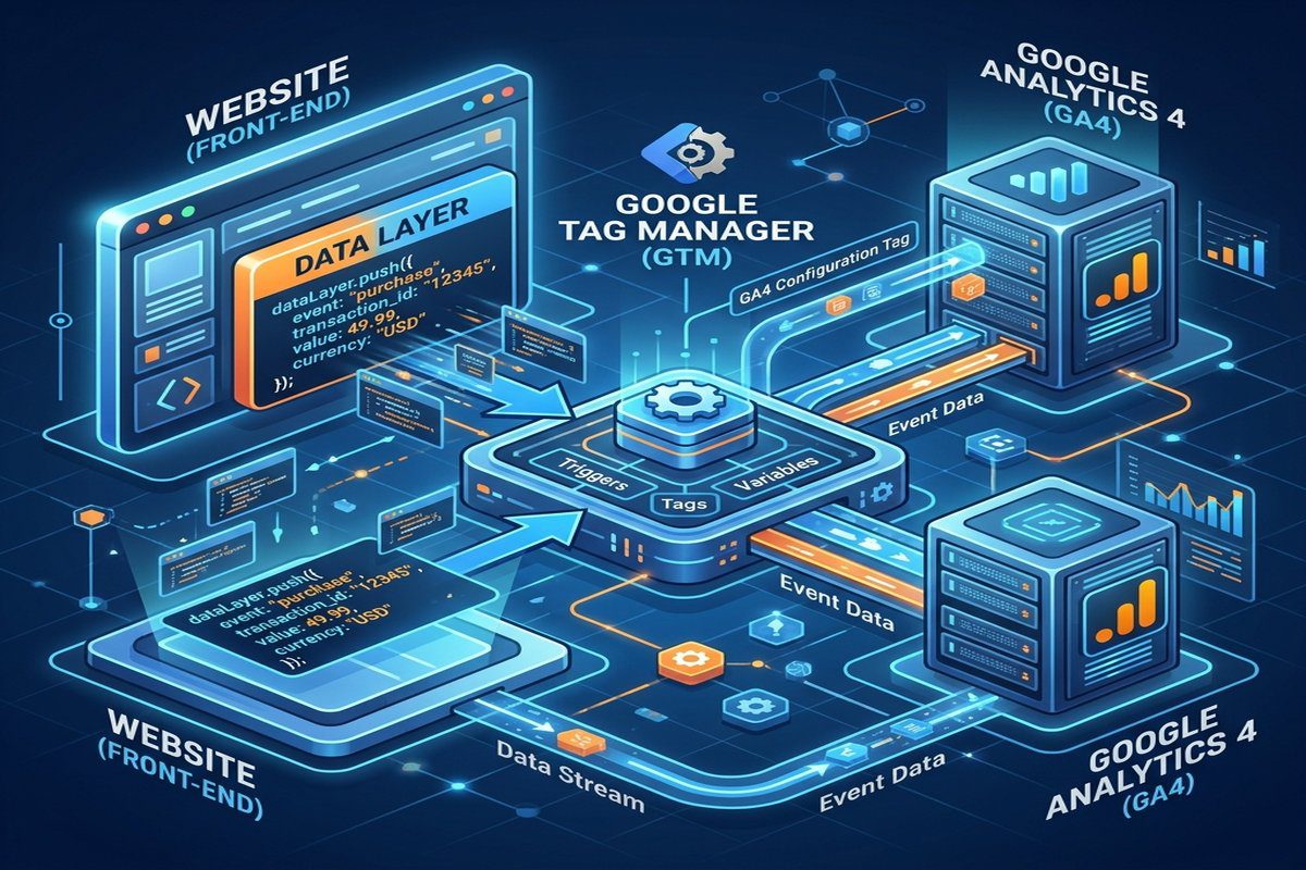 Kompletní průvodce: Nastavení Google Analytics 4 pro e-shopy 2 Schéma toku dat z e-shopu přes Data Layer a Google Tag Manager do GA4