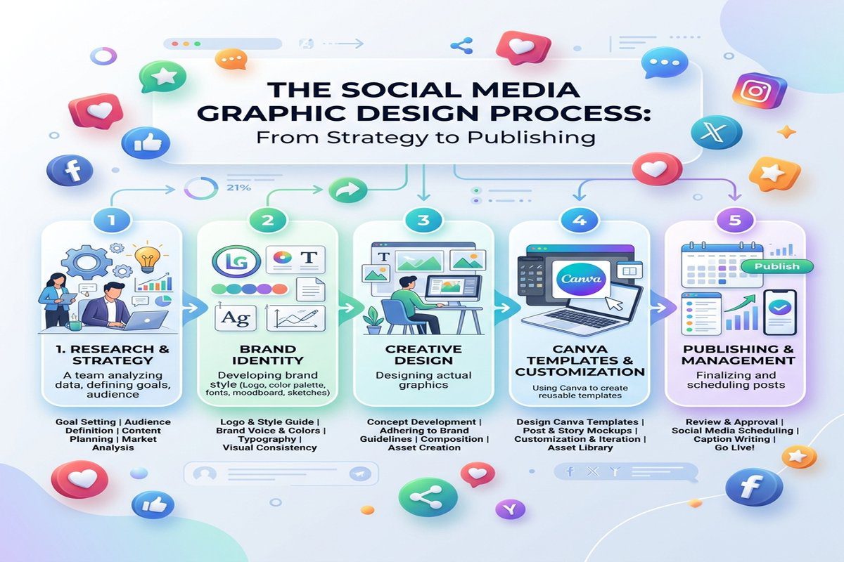 Grafika pro sociální sítě na míru: Průvodce tvorbou, procesy a ceníkem 3 Infografika znázorňující proces tvorby grafiky na sociální sítě a cenové modely.