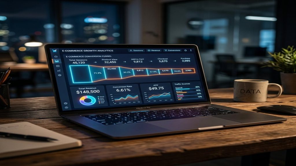 Náhled moderního dashboardu Google Analytics 4 pro elektronický obchod s daty o konverzích