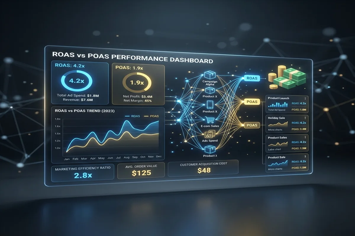 Správa PPC kampaní pro e-shopy: Od ROAS k POAS a maximálnímu zisku 1 Analytický dashboard porovnávající metriky ROAS a POAS v e-commerce PPC