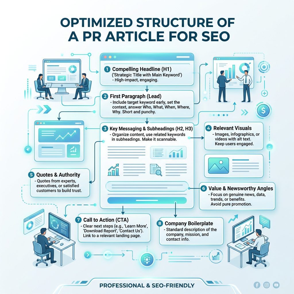 Infografika znázorňující ideální strukturu PR článku pro SEO