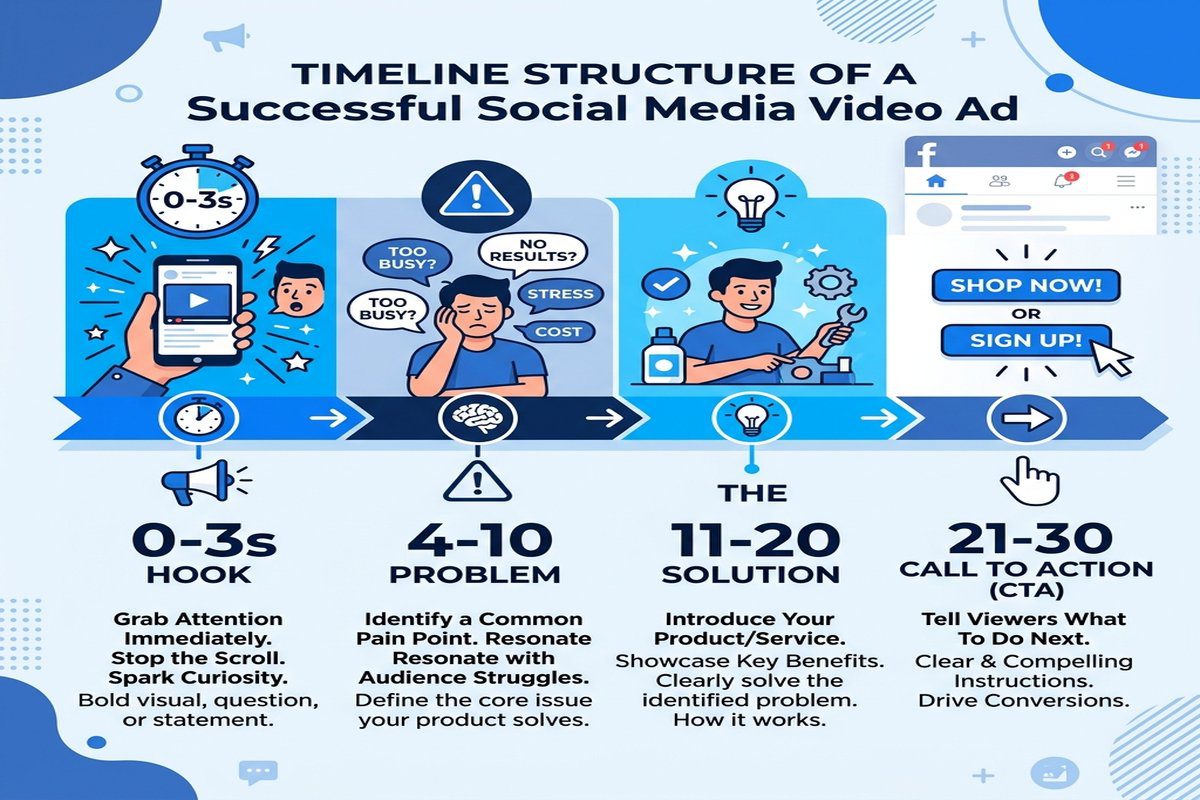 Tvorba reklamních videí pro Facebook: Kompletní průvodce (2026) 3 Správná struktura video reklamy na Facebooku od hooku po CTA