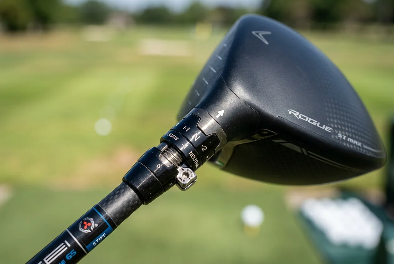 Detailní pohled na OptiFit krček a zarovnání rysek u driveru Callaway Elyte